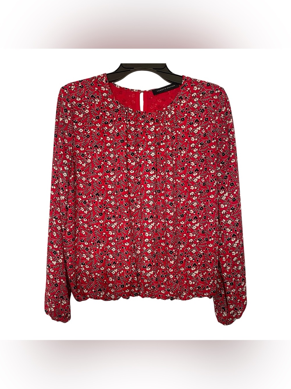 Tommy Hilfiger Peasant Blouse Women’s Small Boho Red Black White Floral Office